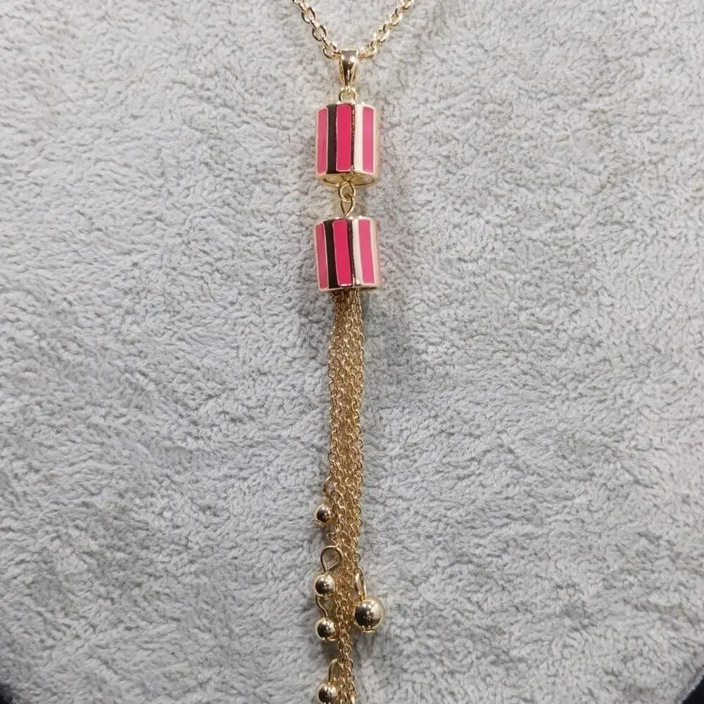 Talbots Gold Tassel Long Necklace, Red Enamel Beads, New With Tags